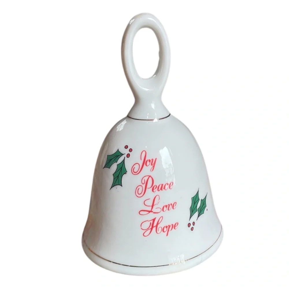 Vintage Enesco Christmas Bell Mistletoe Joy‎ Peace Love Hope, White w/Gold Trim